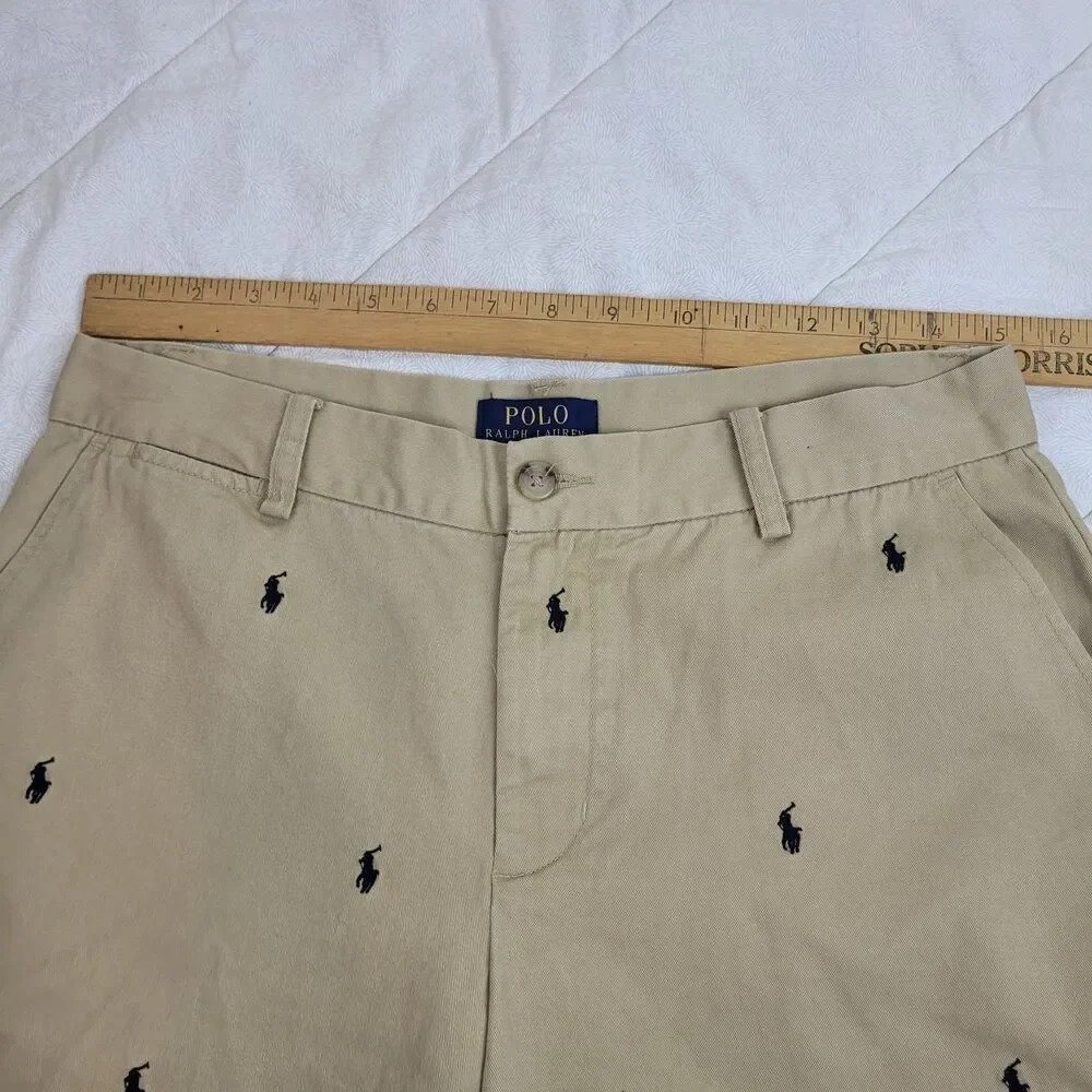 Vtg Polo Ralph Lauren Big Boys Sz 20 Signature Logo Pattern Shorts Tan Navy